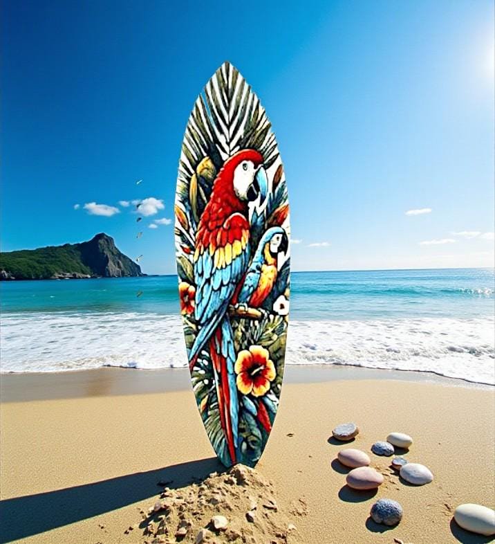 Tropical Parrot Surfboard Wall Art: Weatherproof PVC Coastal Decor