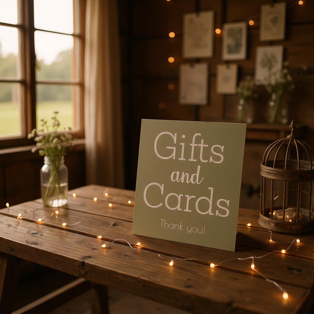 Elegant Gifts and Cards Wedding Sign: Wooden Table Decor, 10x11