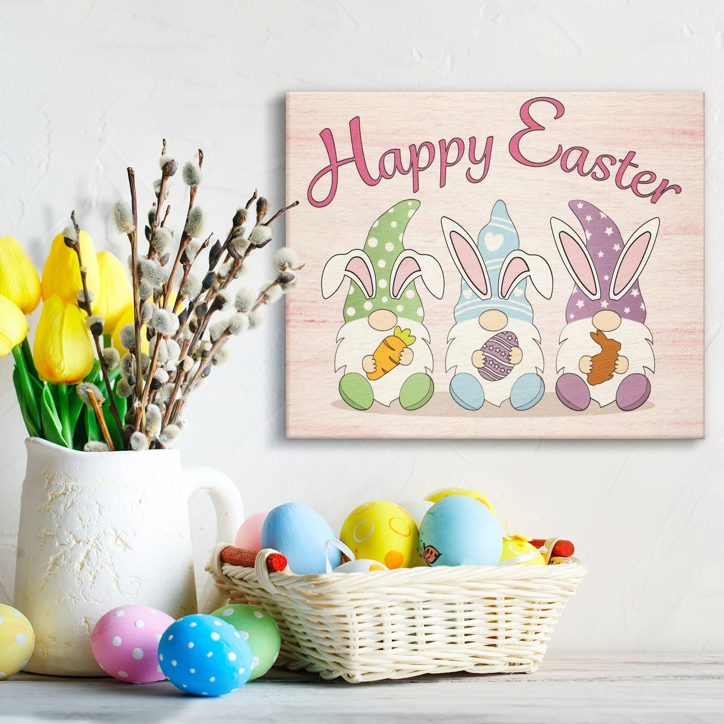 Happy Easter Gnomes Wooden Sign: Farmhouse Bunny Decor