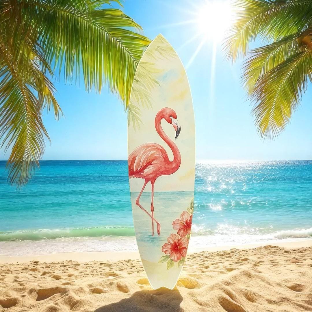 Flamingo Surfboard Wall Art: Tropical Beach House Decor