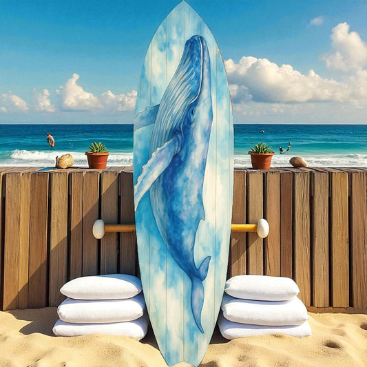 Watercolor Humpback Whale Surfboard Wall Art: Coastal Beach House Decor