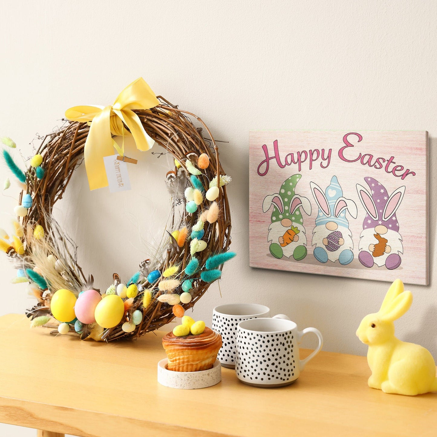 Happy Easter Gnomes Wooden Sign: Farmhouse Bunny Decor