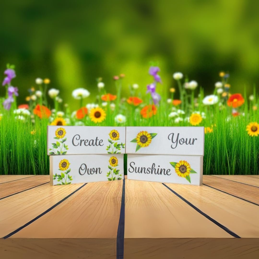 Create Your Own Sunshine Wood Block Set 4pc, Sunflower Inspirational Farmhouse Tiered Tray Decor, Positive Affirmation Home Accents