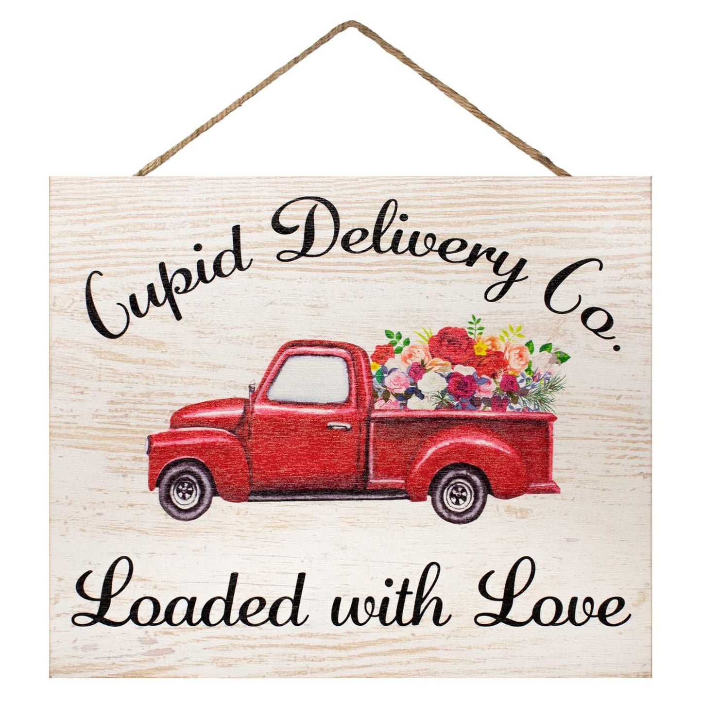 Valentine’s Day Decor – Cupid Delivery Co Loaded with Love Farmhouse Sign, Romantic Valentine Red Truck Decoration