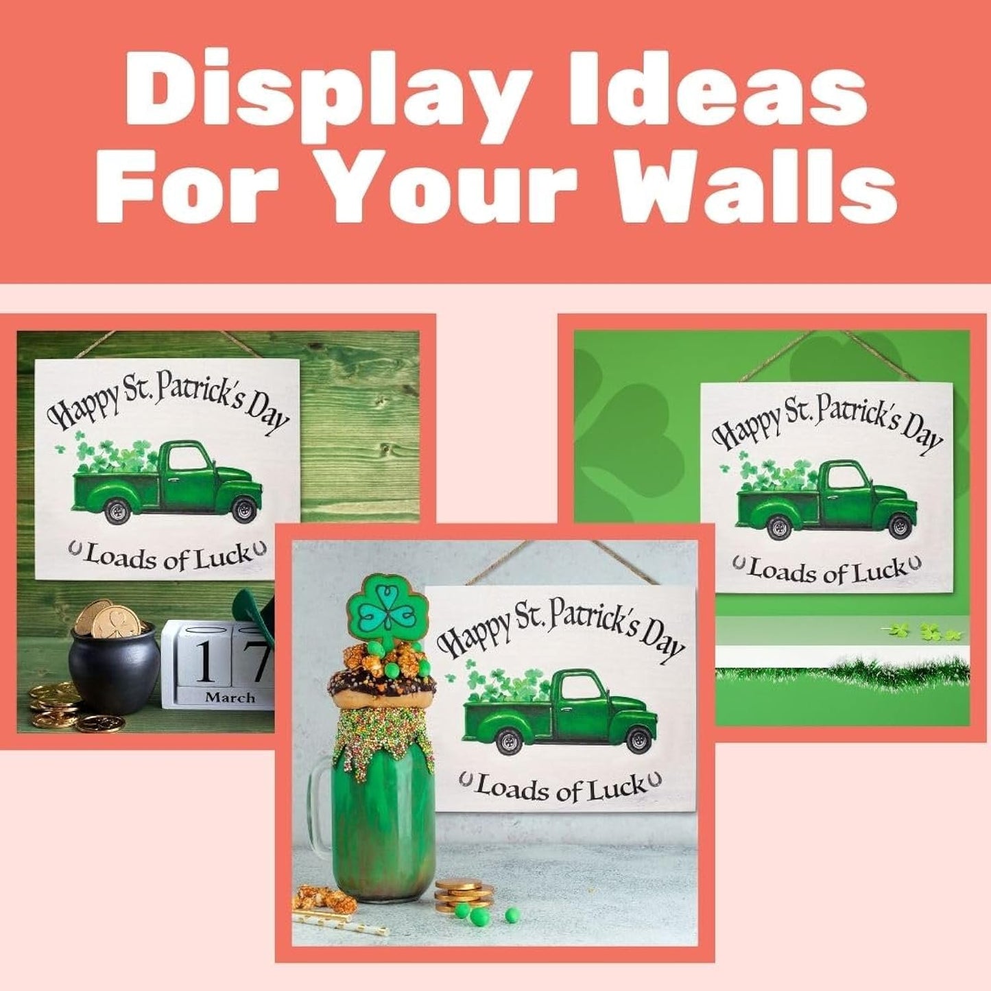 JennyGems St Patricks Day Decorations Front Door Decor, Shamrocks Truck Happy St Patrick's Day Hanging Wood Sign, Made in USA