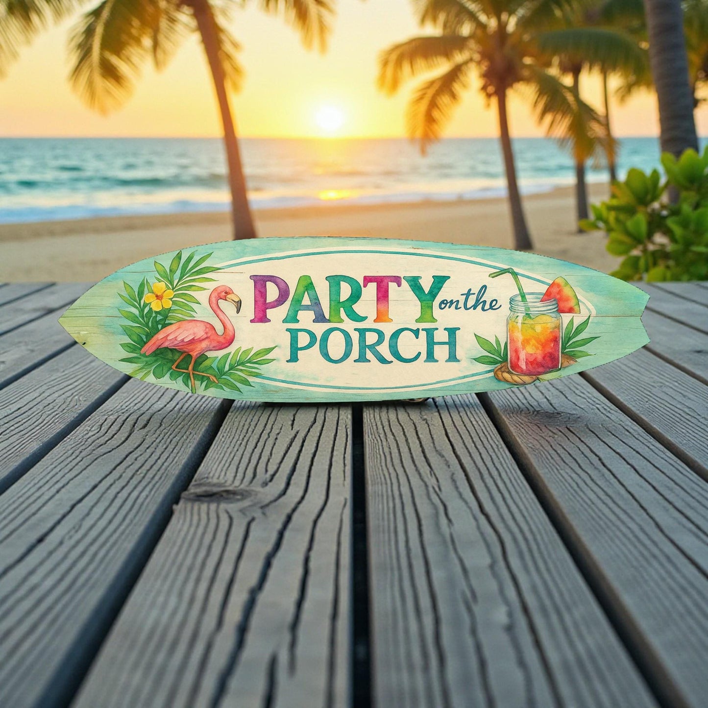 Flamingo Surfboard Sign: Tropical Summer Porch Decor