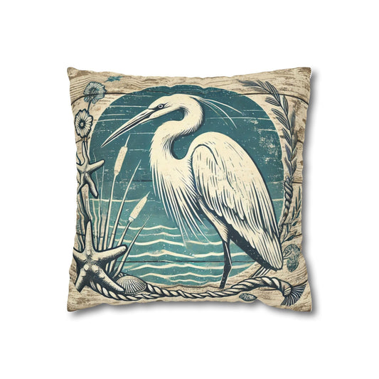Egret Heron Bird Pillow Cover Decor, Coastal Farmhouse Egret Pillowcase 14x14, Heron Design for Throw Pillows, Beach House Accent, Covers Only - Pillows Not Included
