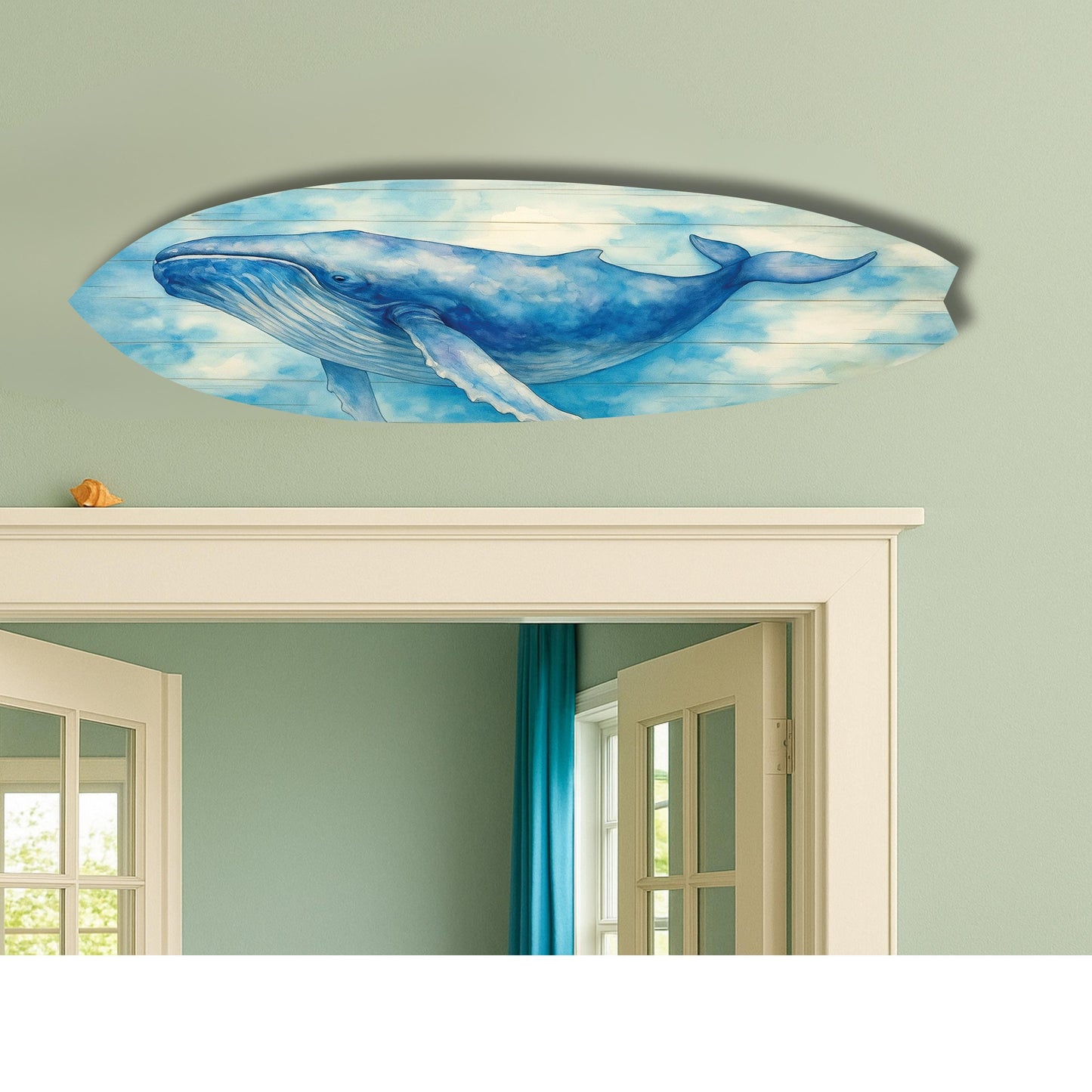 Watercolor Humpback Whale Surfboard Wall Art: Coastal Beach House Decor