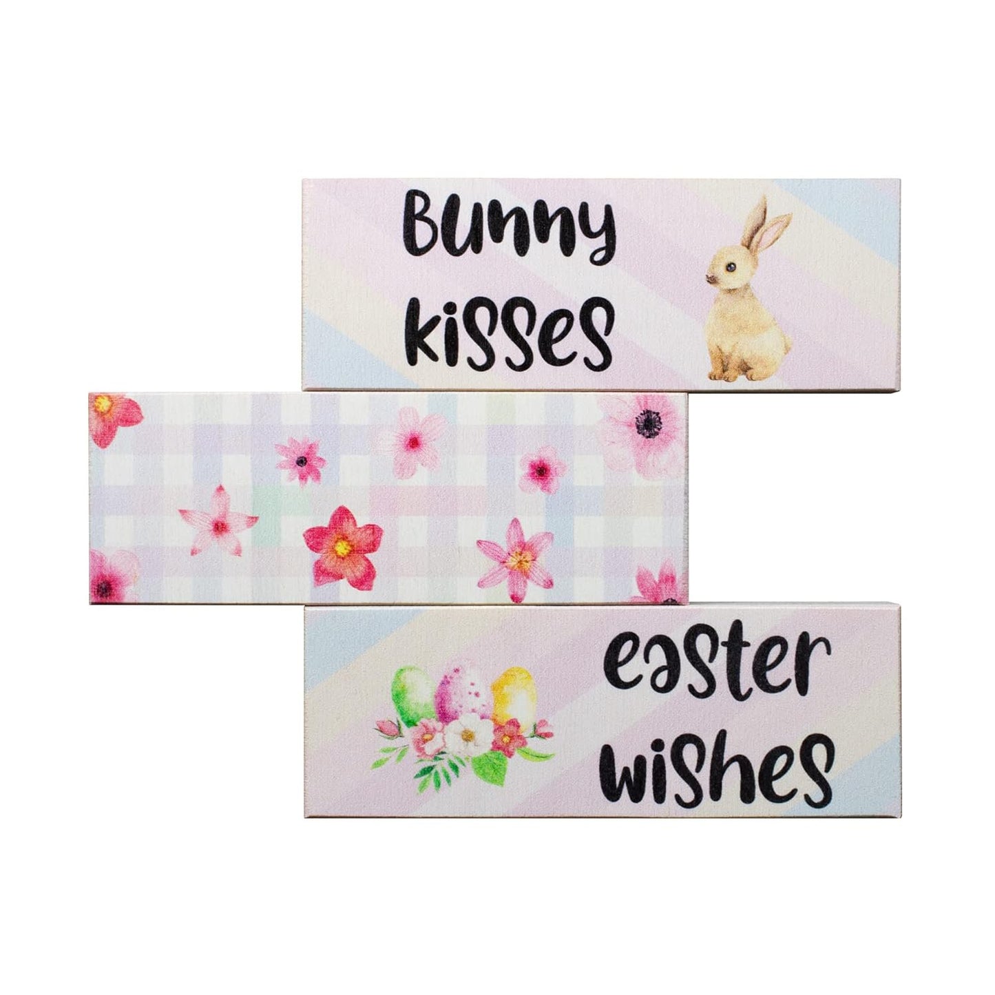 Easter Tiered Tray Decor, Bunny Kisses Easter Wishes 3 Piece Mini Wooden Block Set, Farmhouse Decorations
