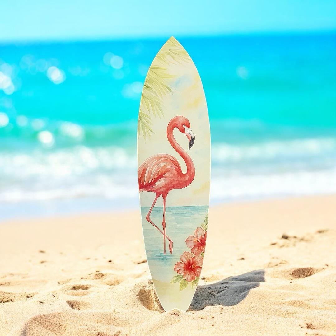 Flamingo Surfboard Wall Art: Tropical Beach House Decor