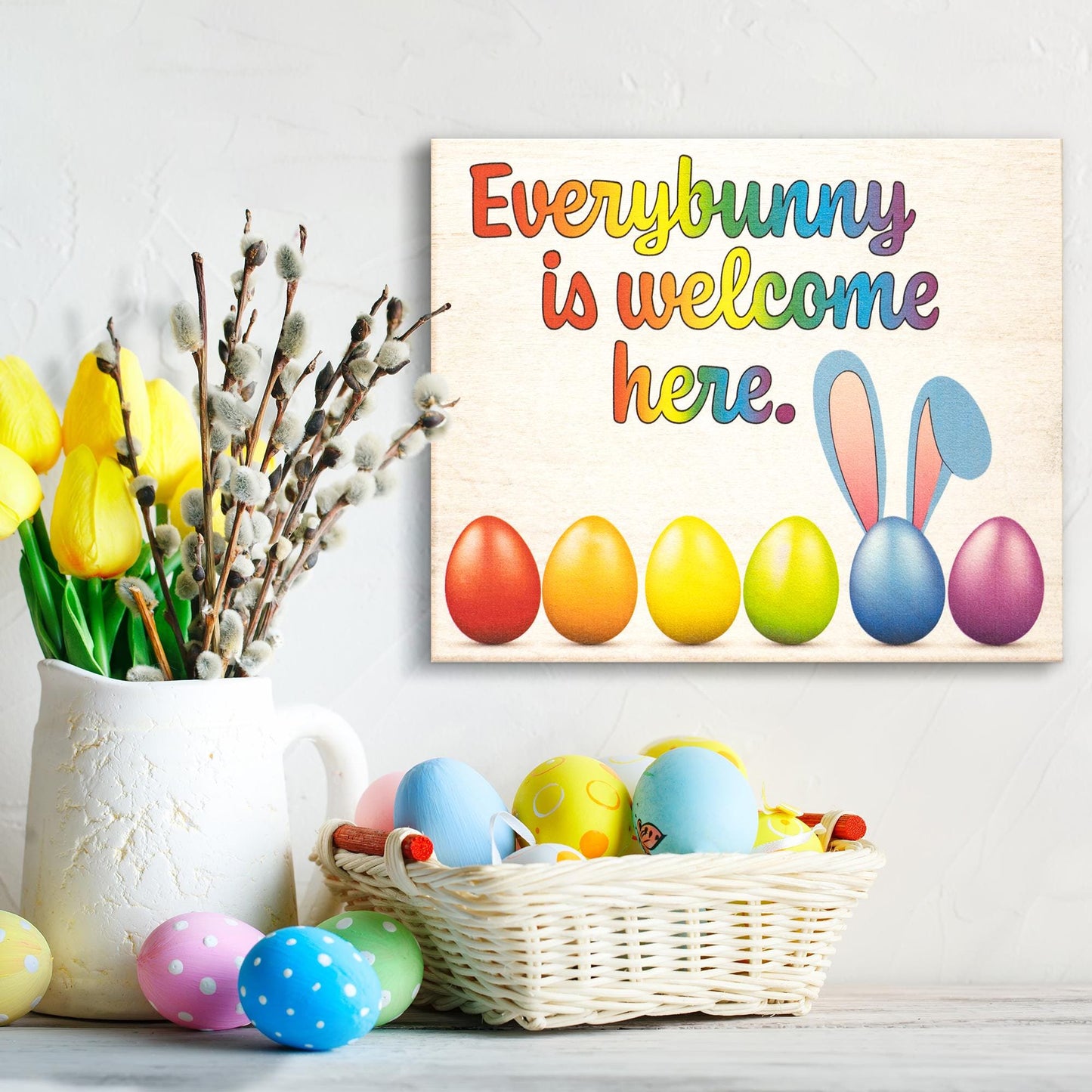 Everybunny Is Welcome Here Sign: Rainbow Easter Decor