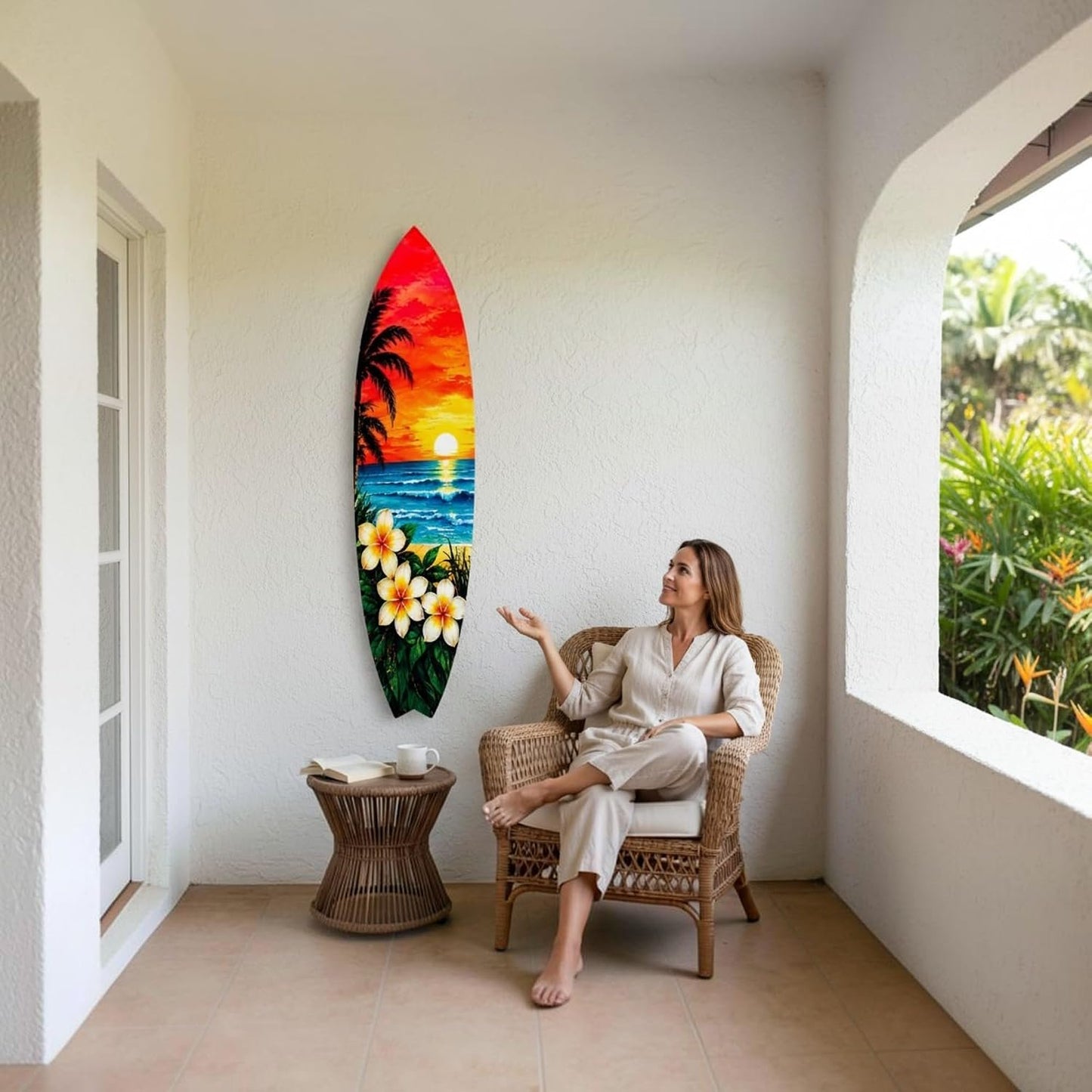 Tropical Surfboard with Palm Trees and Plumeria Flowers