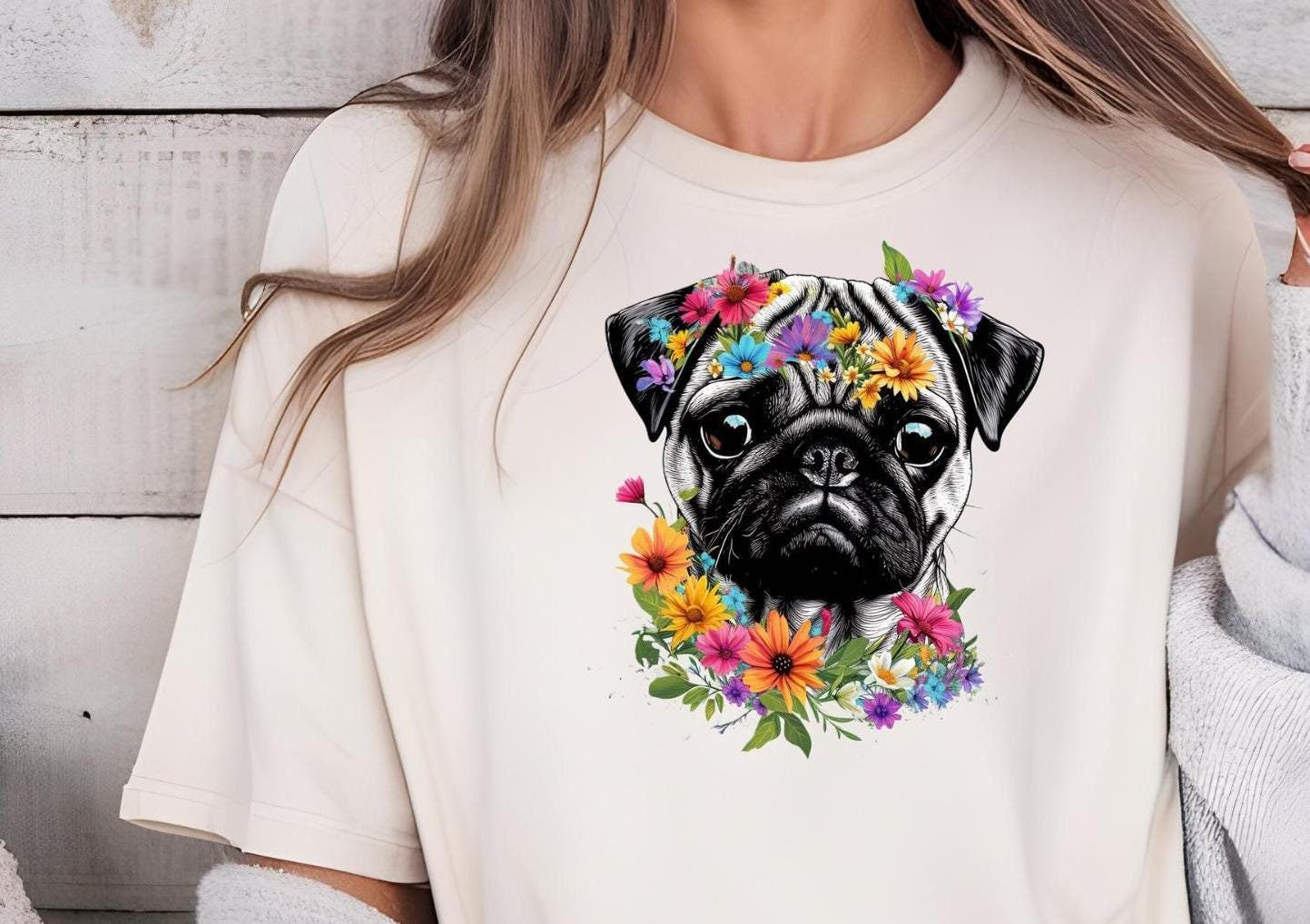 Pretty Floral Pug T-shirt