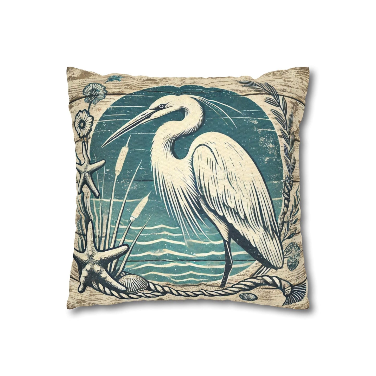 Egret Heron Bird Pillow Cover Decor, Coastal Farmhouse Egret Pillowcase 14x14, Heron Design for Throw Pillows, Beach House Accent, Covers Only - Pillows Not Included