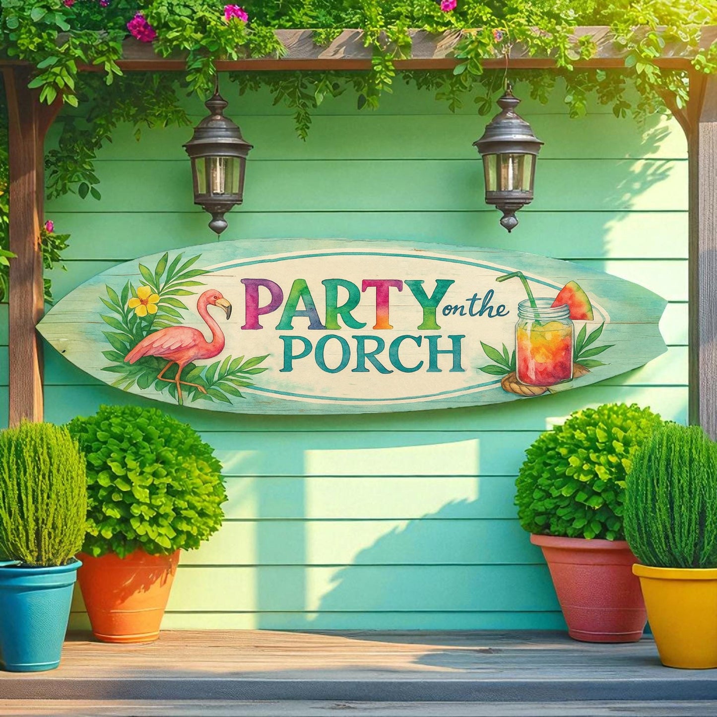Flamingo Surfboard Sign: Tropical Summer Porch Decor