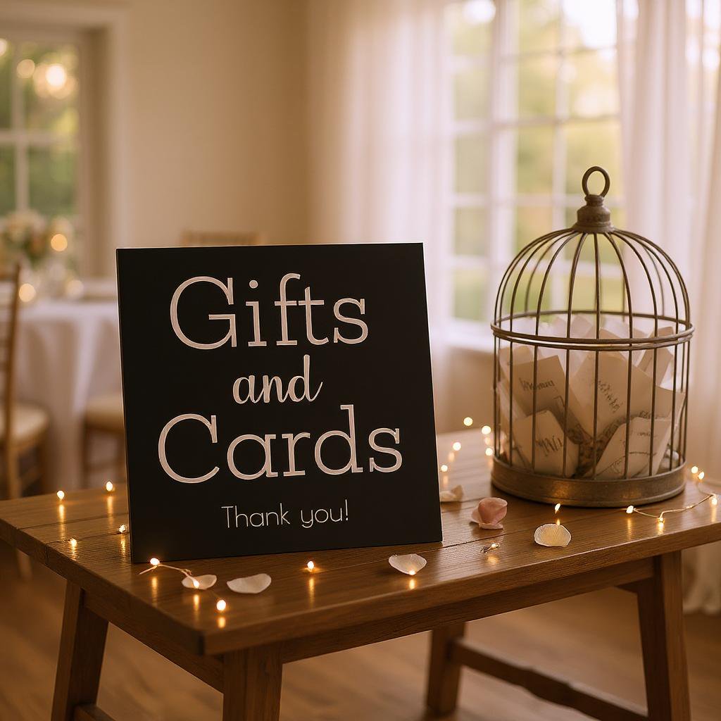 Elegant Gifts and Cards Wedding Sign: Wooden Table Decor, 10x11