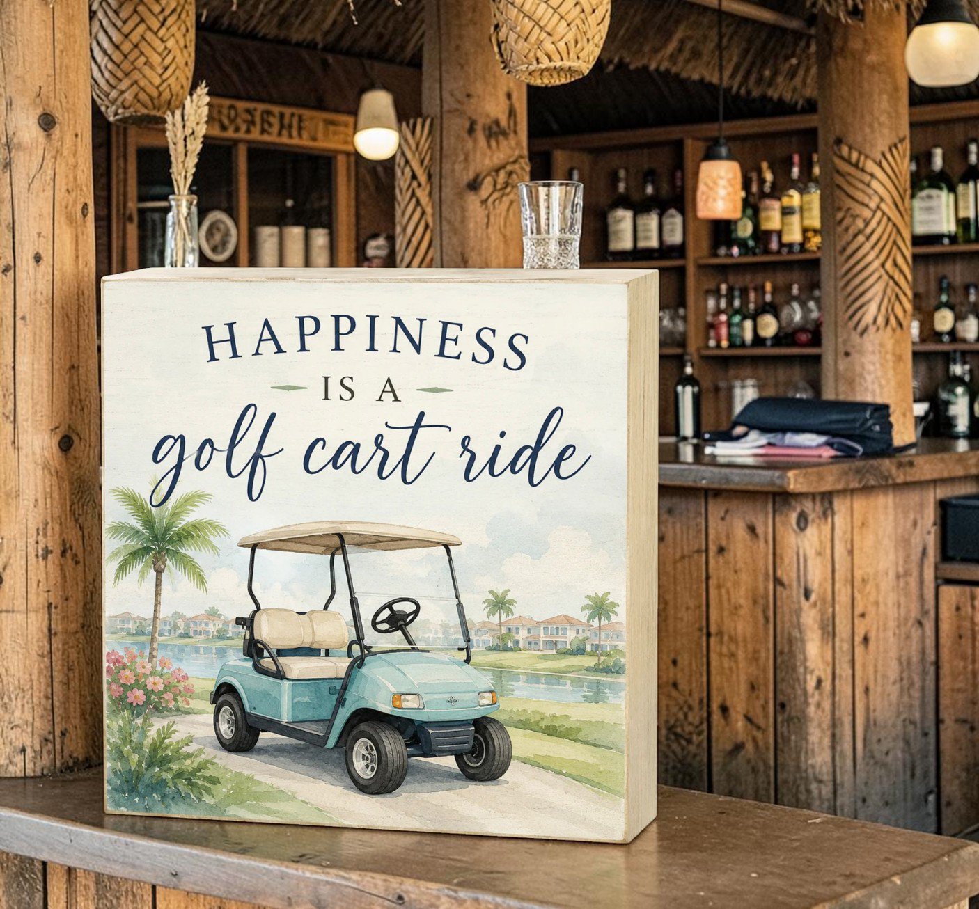 Happiness is a Golf Cart Ride - 5x5 Wood Block Sign