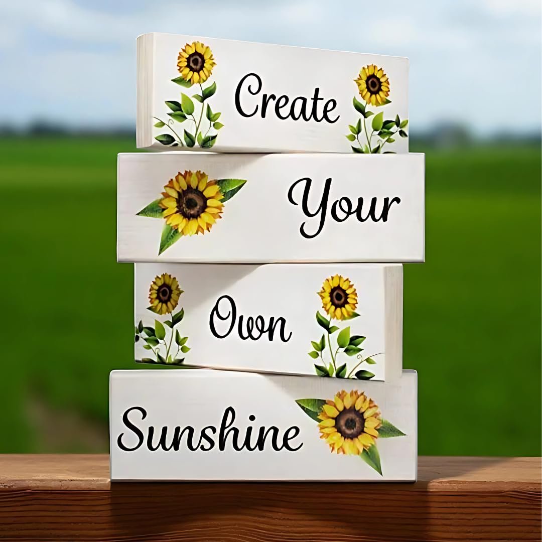 Create Your Own Sunshine Wood Block Set 4pc, Sunflower Inspirational Farmhouse Tiered Tray Decor, Positive Affirmation Home Accents