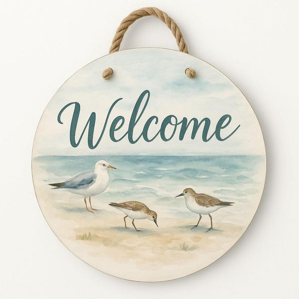 Sandpiper Beach Welcome Sign | Round Coastal Door & Porch Decor