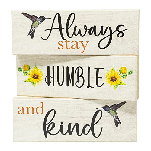 JennyGems Sunflower Decor, Always Stay Humble and Kind Wooden Block Signs, Tiered Tray Spring Decoration, Made in USA