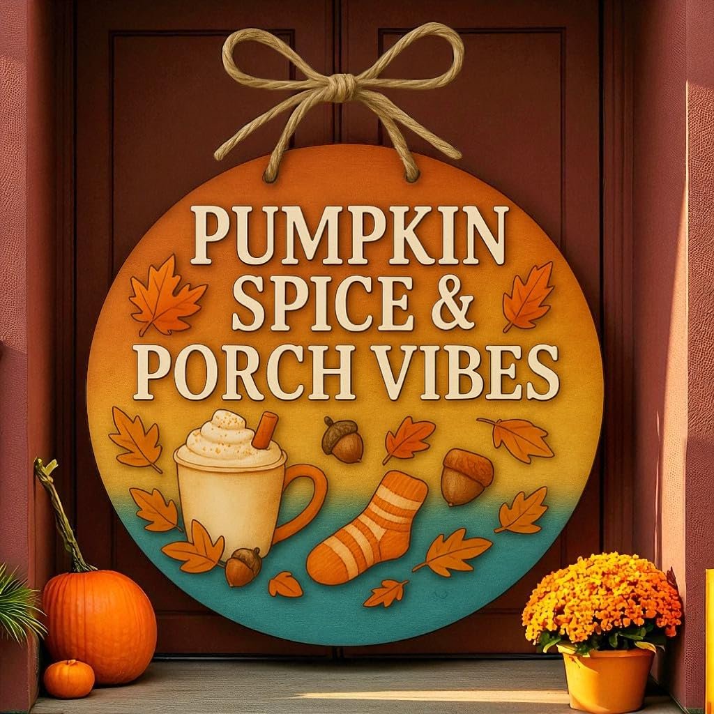 Pumpkin Spice and Porch Vibes Fall Front Door Welcome Sign, Autumn Porch Decor, Outdoor Weather-Resistant PVC Decoration, 16 Inch Round