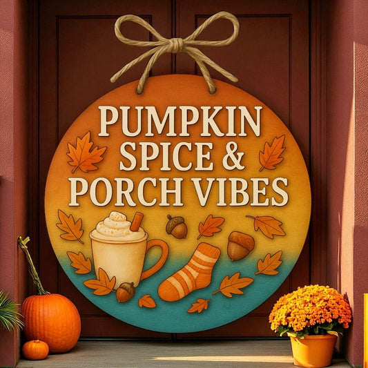 Pumpkin Spice and Porch Vibes Fall Front Door Welcome Sign, Autumn Porch Decor, Outdoor Weather-Resistant PVC Decoration, 16 Inch Round