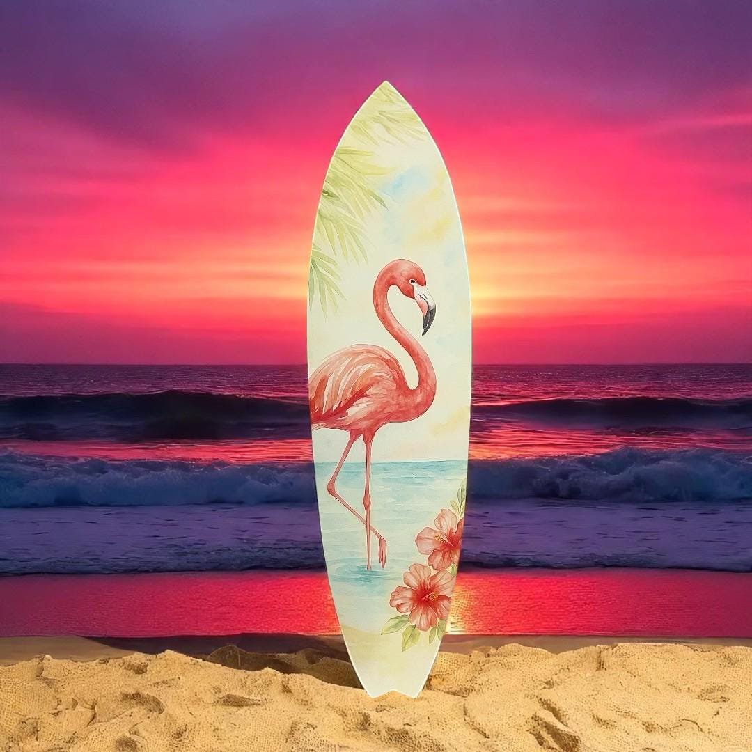 Flamingo Surfboard Wall Art: Tropical Beach House Decor