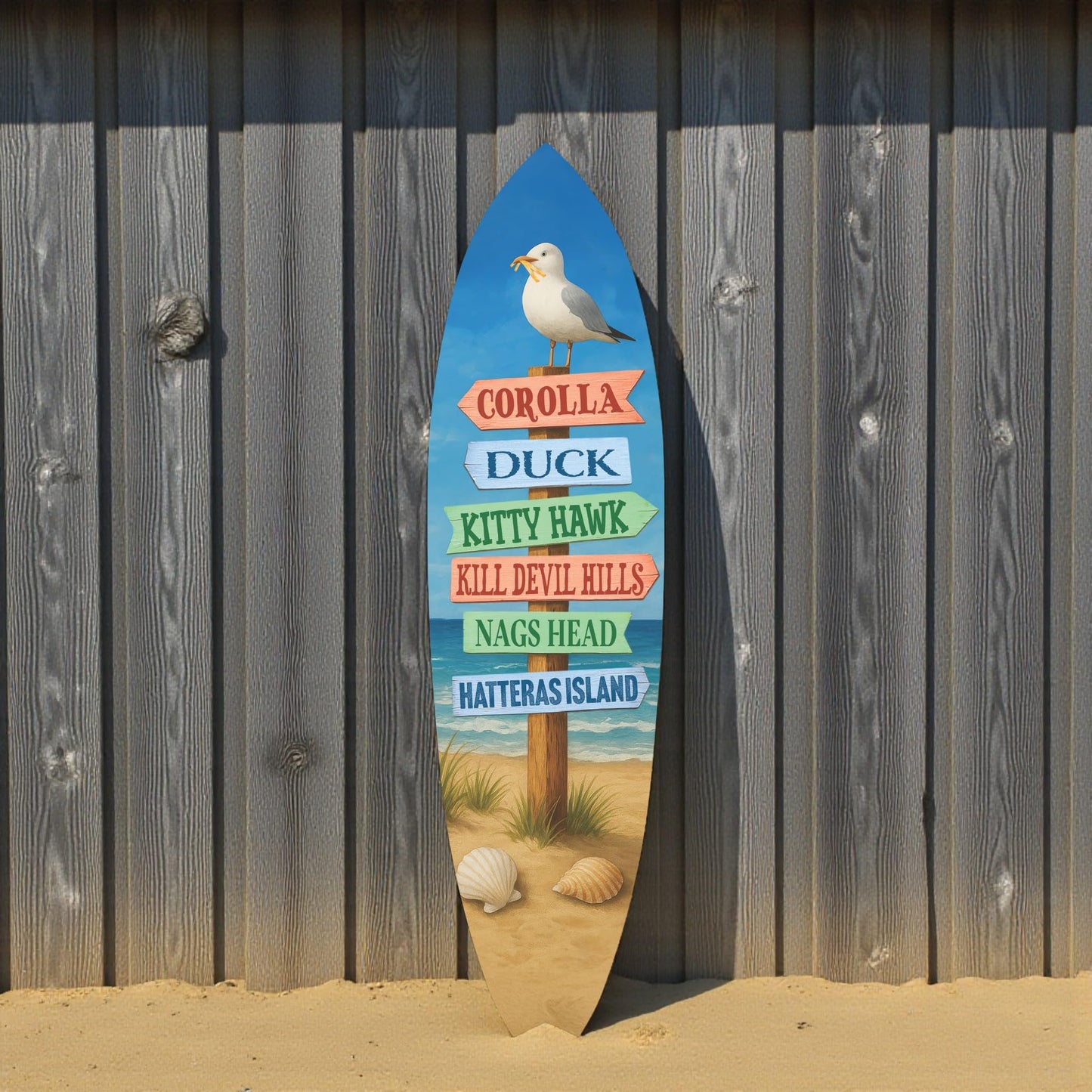 Outer Banks Surfboard Wall Art, Directional Beach Towns Sign with Seagull, Weather-Resistant PVC Coastal Decor (4 Foot)