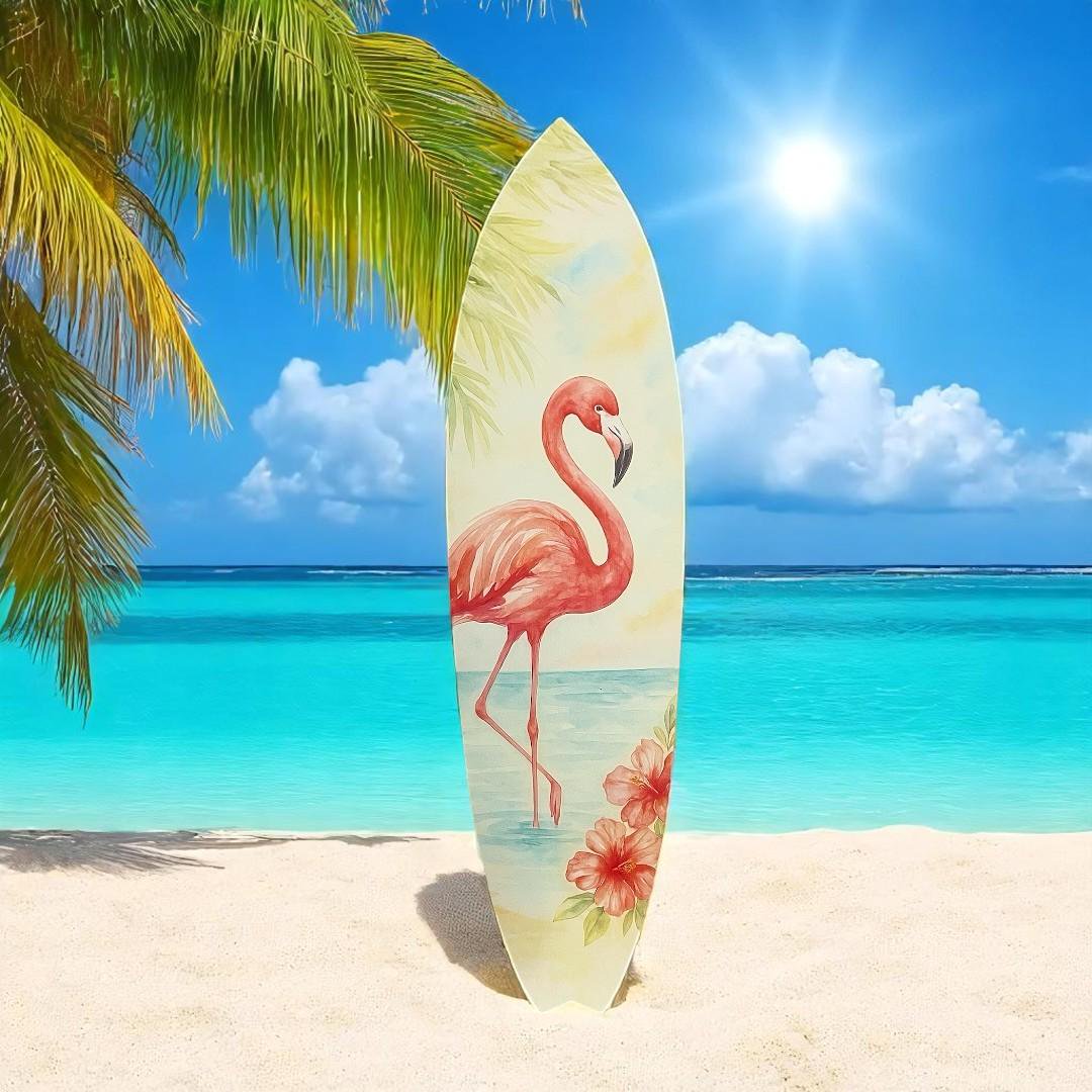 Flamingo Surfboard Wall Art: Tropical Beach House Decor