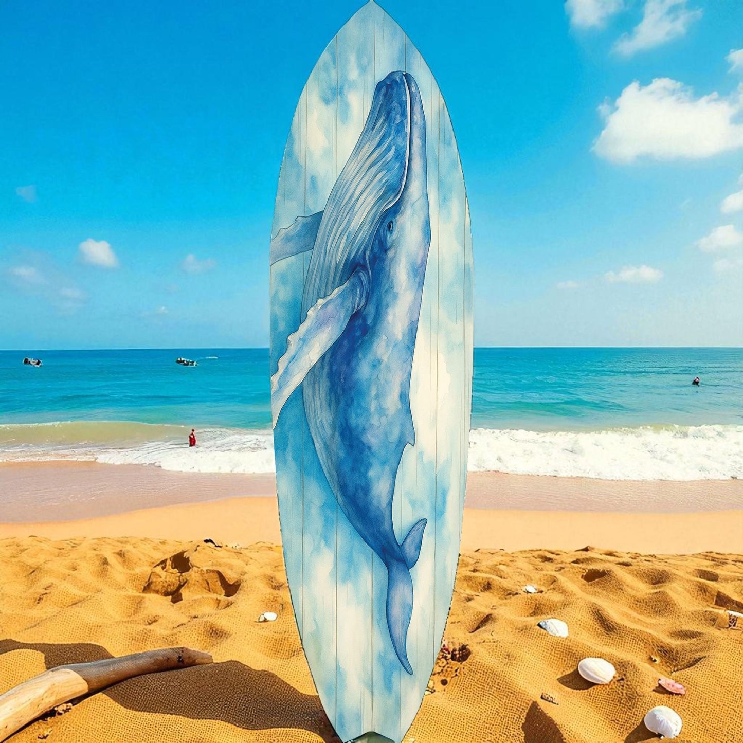 Watercolor Humpback Whale Surfboard Wall Art: Coastal Beach House Decor