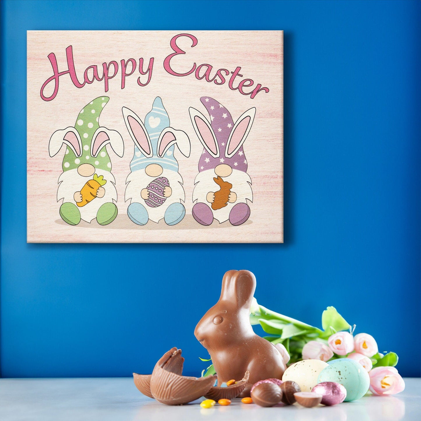 Happy Easter Gnomes Wooden Sign: Farmhouse Bunny Decor
