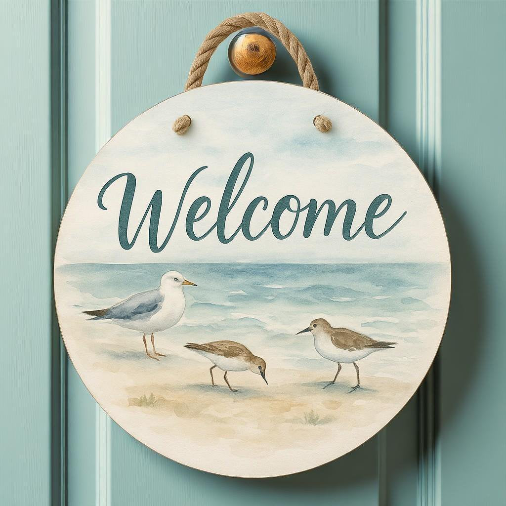 Coastal Birds Welcome Sign: 16" Nautical Beach House Decor