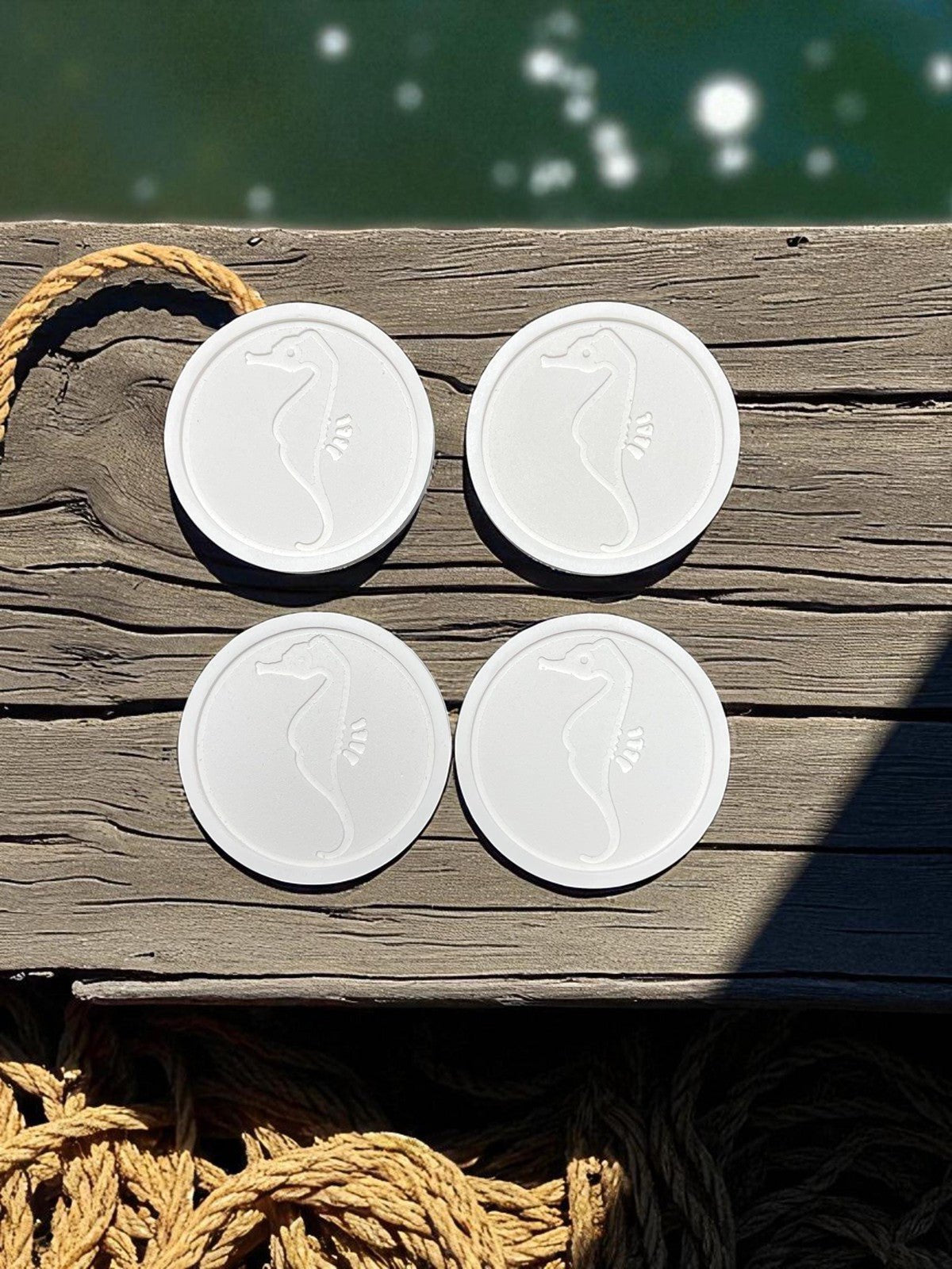 Seahorse Drink Coasters Set of 4, Indoor Outdoor PVC Coasters, Carved Seahorse