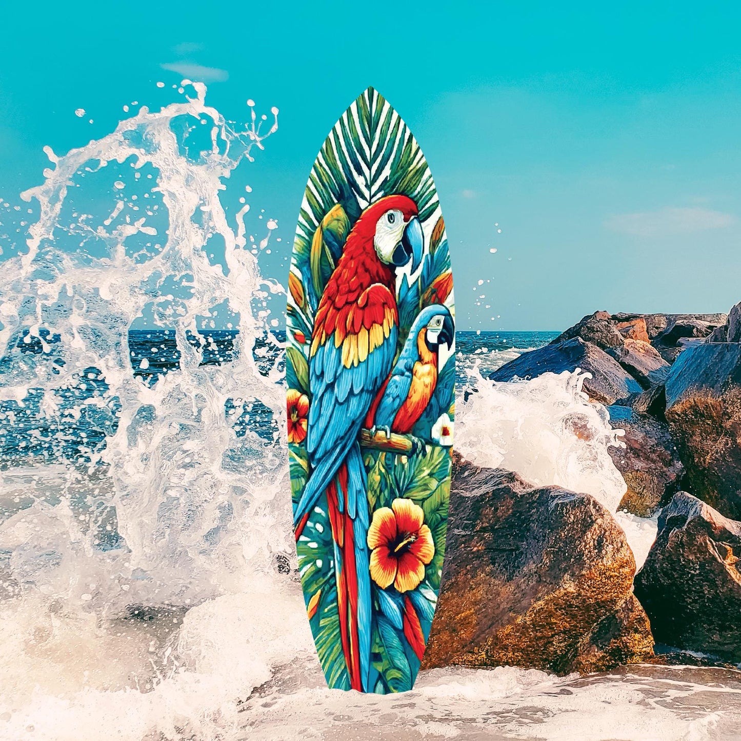 Tropical Parrot Surfboard Wall Art: Weatherproof PVC Coastal Decor