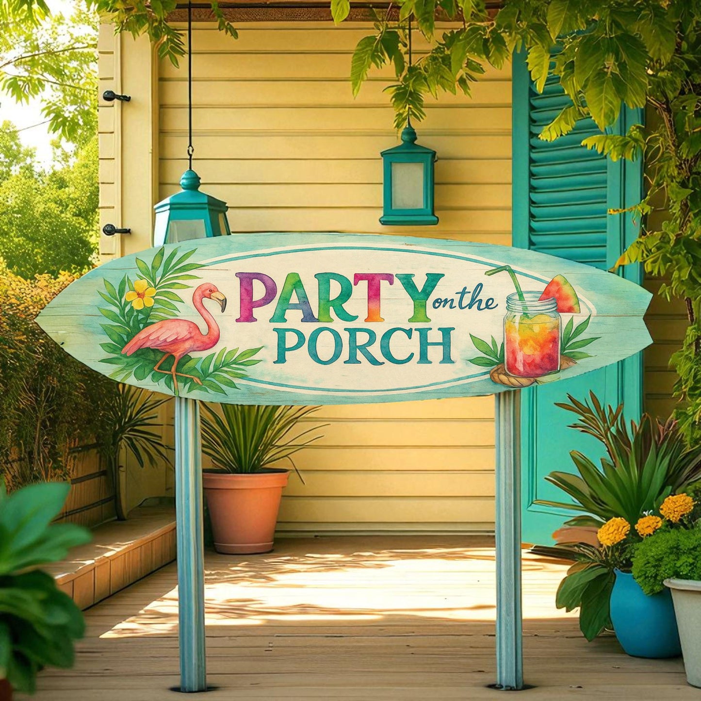 Flamingo Surfboard Sign: Tropical Summer Porch Decor