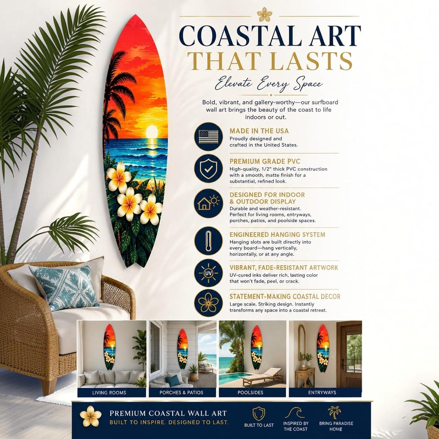 Tropical Surfboard with Palm Trees and Plumeria Flowers