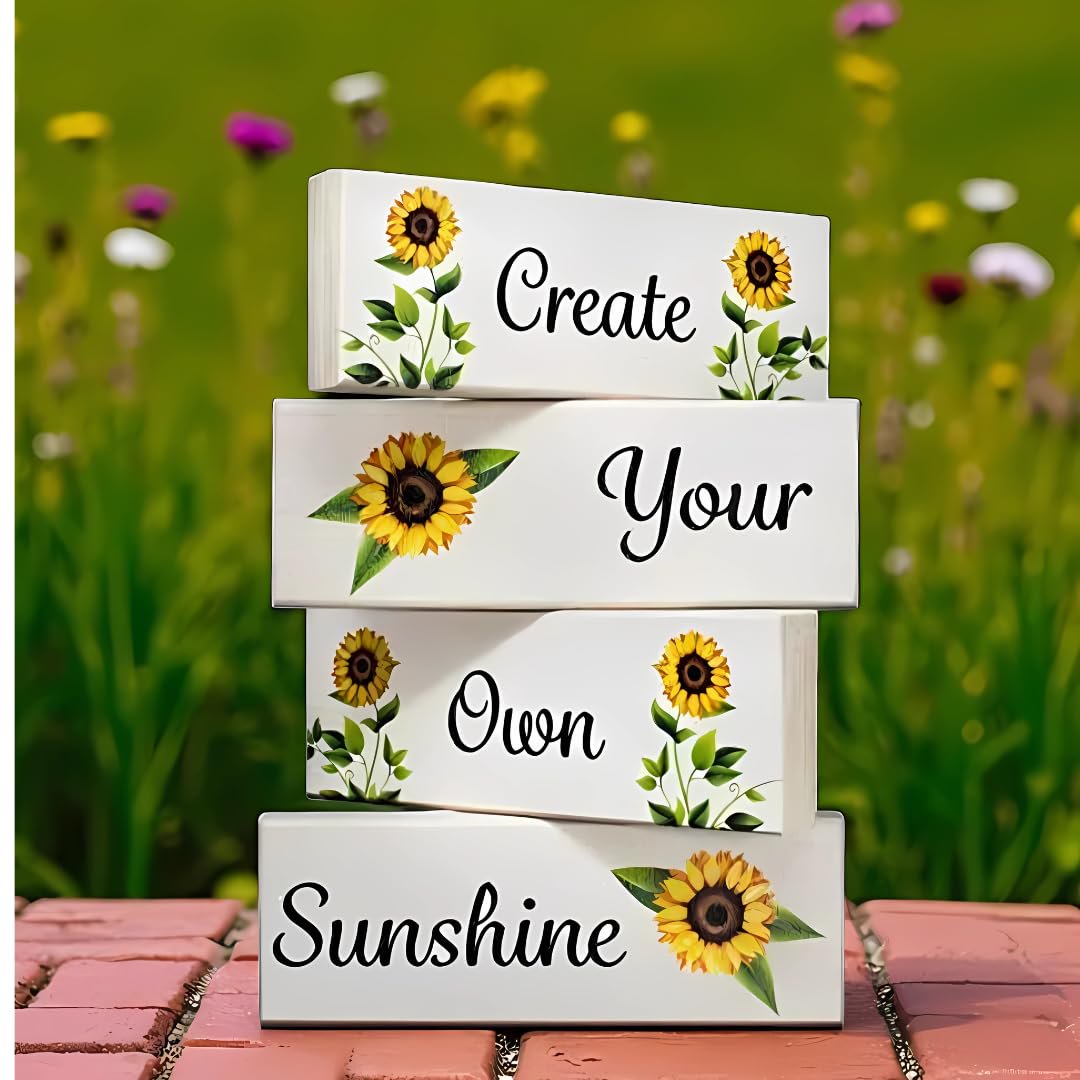 Create Your Own Sunshine Wood Block Set 4pc, Sunflower Inspirational Farmhouse Tiered Tray Decor, Positive Affirmation Home Accents