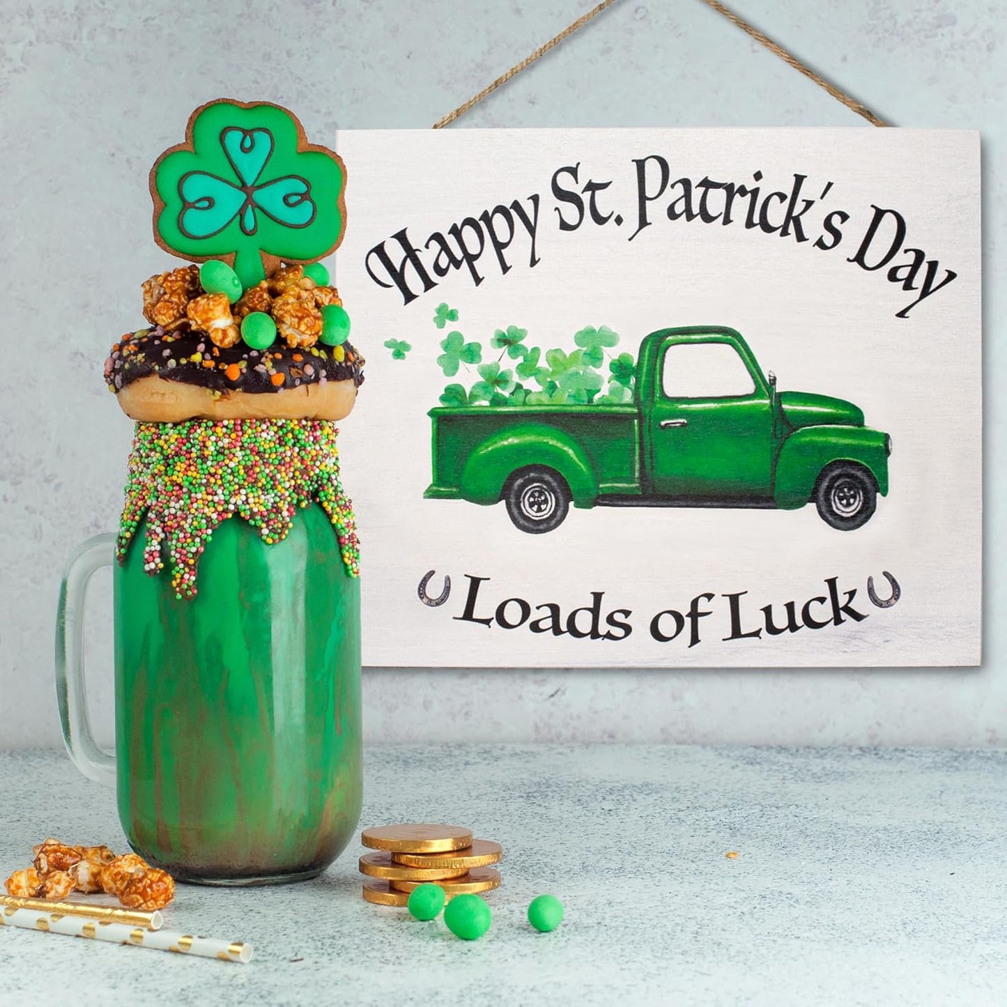 JennyGems St Patricks Day Decorations Front Door Decor, Shamrocks Truck Happy St Patrick's Day Hanging Wood Sign, Made in USA