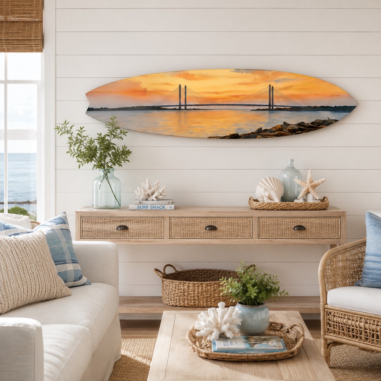 Indian River Bridge Delaware Surfboard, Decorative Water Color Art
