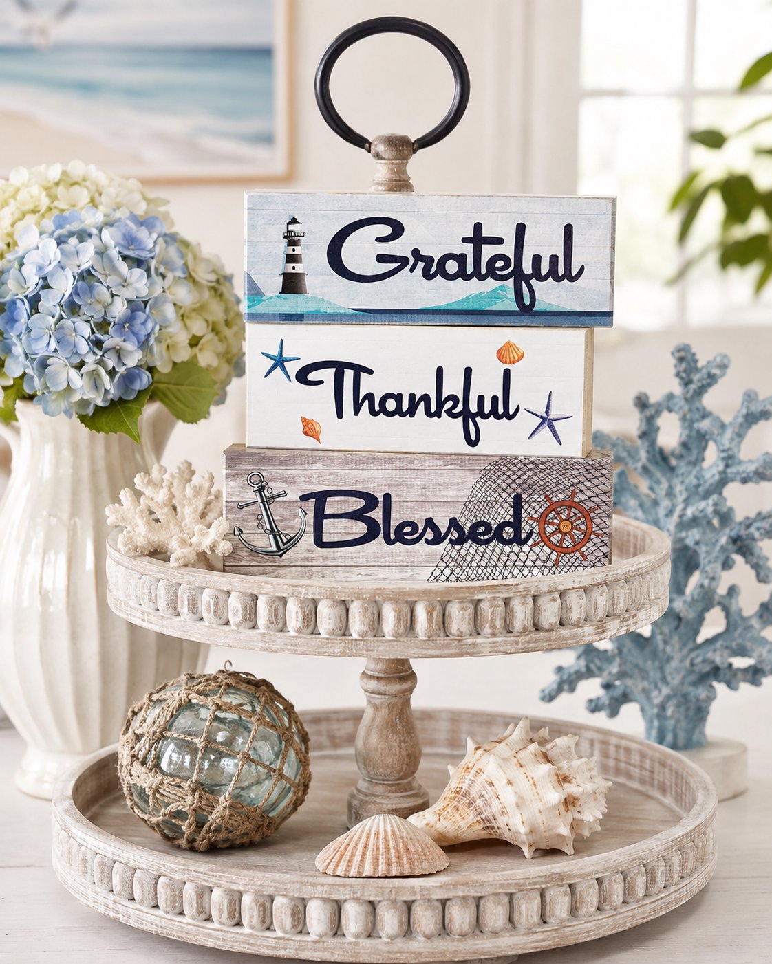 Coastal Farmhouse Thankful Grateful Blessed Signs, Tiered Tray Decor 3 Mini Wood Block Signs, Beach House Decor, Beach Signs, Inspirational Quotes Friendship Gifts, Farmhouse Home Decor