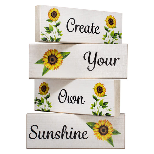Create Your Own Sunshine Wood Block Set 4pc, Sunflower Inspirational Farmhouse Tiered Tray Decor, Positive Affirmation Home Accents