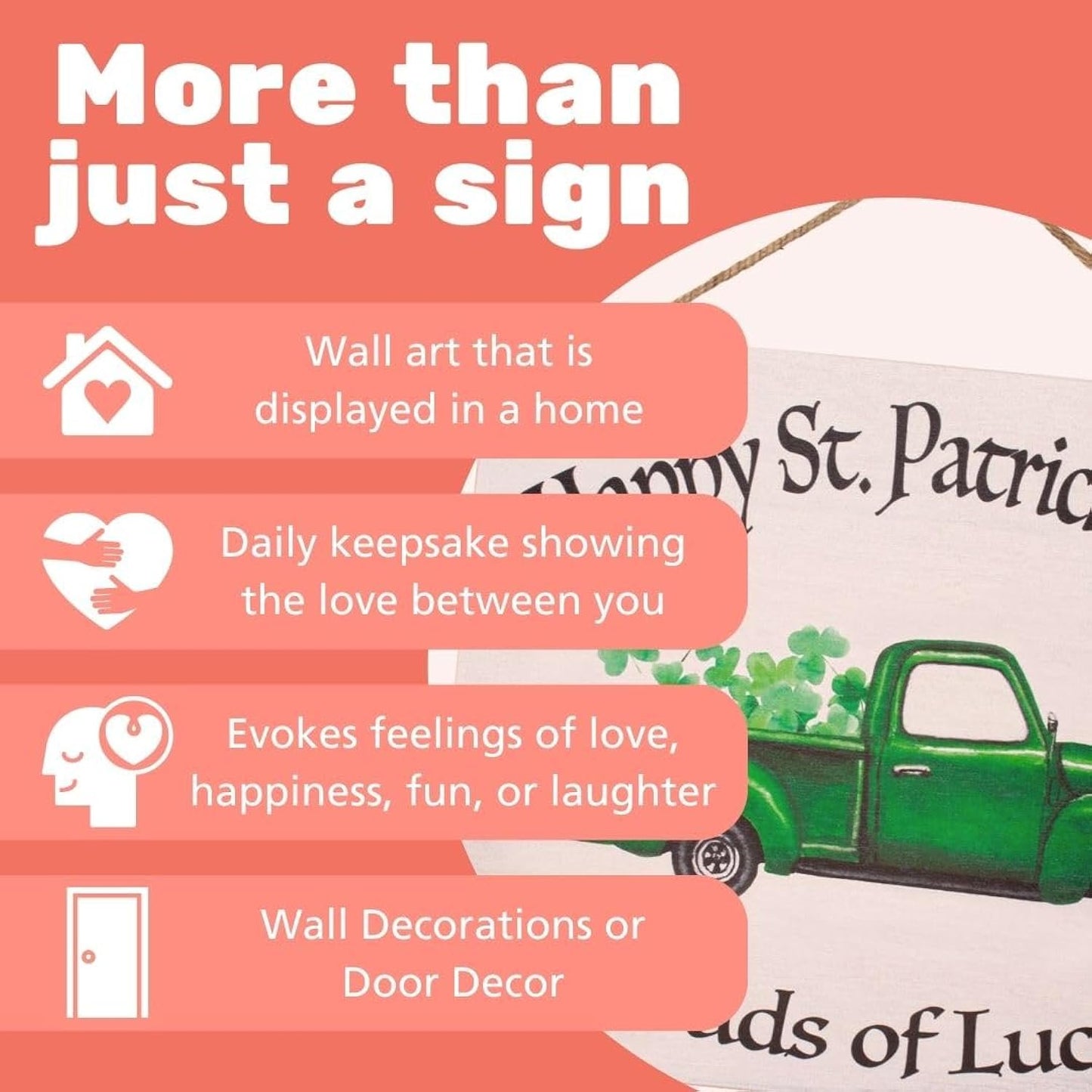 JennyGems St Patricks Day Decorations Front Door Decor, Shamrocks Truck Happy St Patrick's Day Hanging Wood Sign, Made in USA