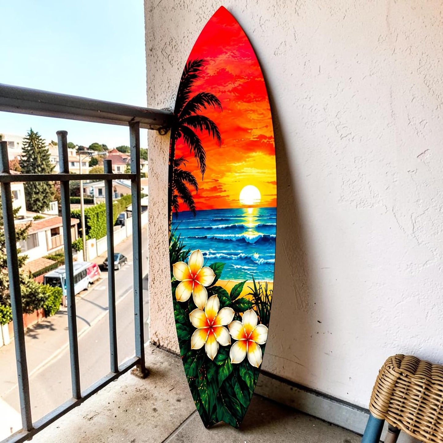 Tropical Surfboard with Palm Trees and Plumeria Flowers
