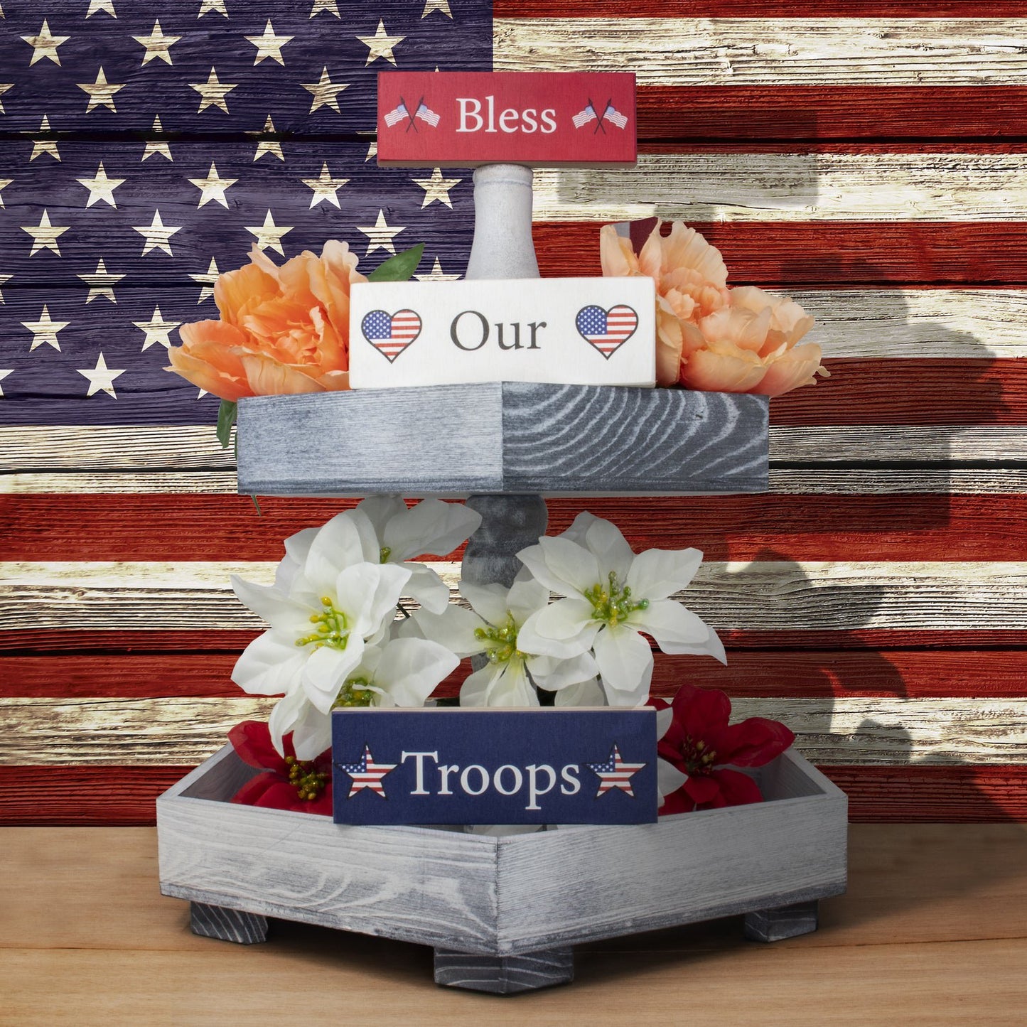 JennyGems Bless Our Troops 3pc Wooden Block Signs, Patriotic Decor