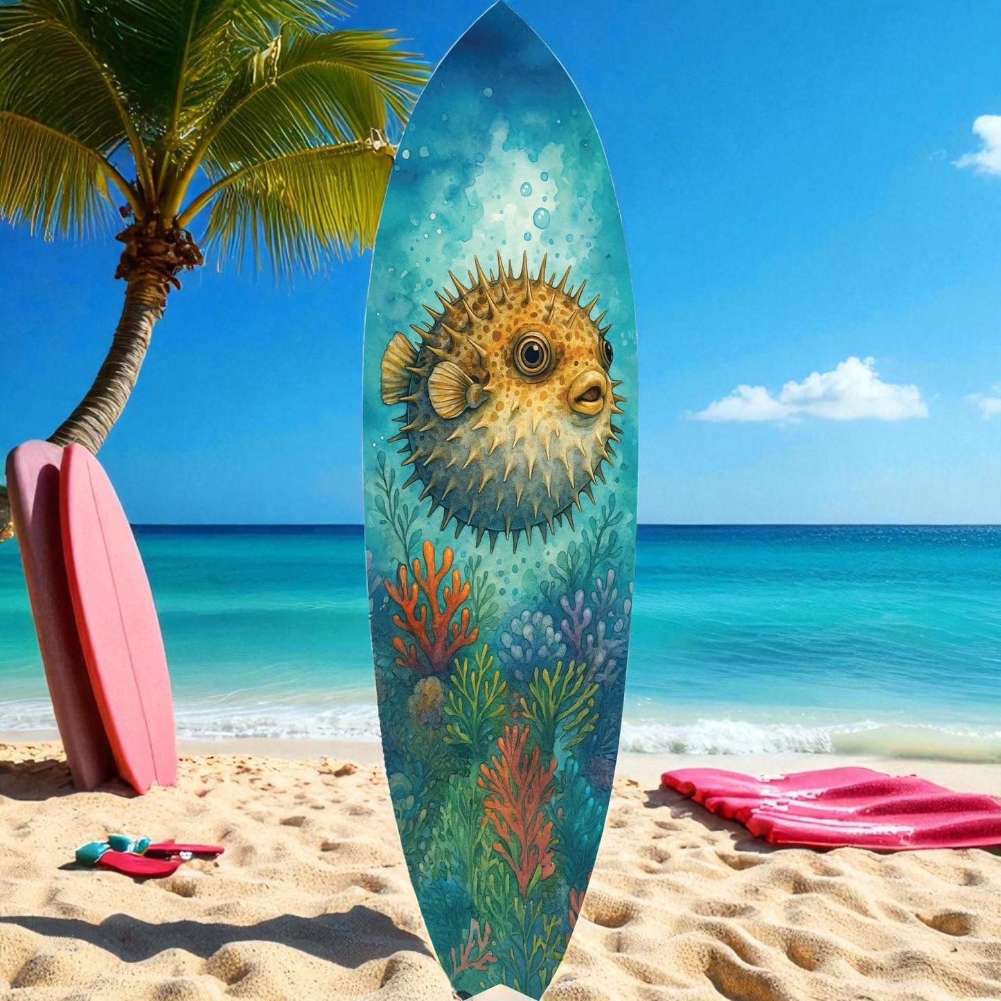 Outdoor Pufferfish Surfboard Wall Art – Coastal Beach House Decor, Vibrant Ocean-Themed, PVC Tropical Fish Surfboard Sign