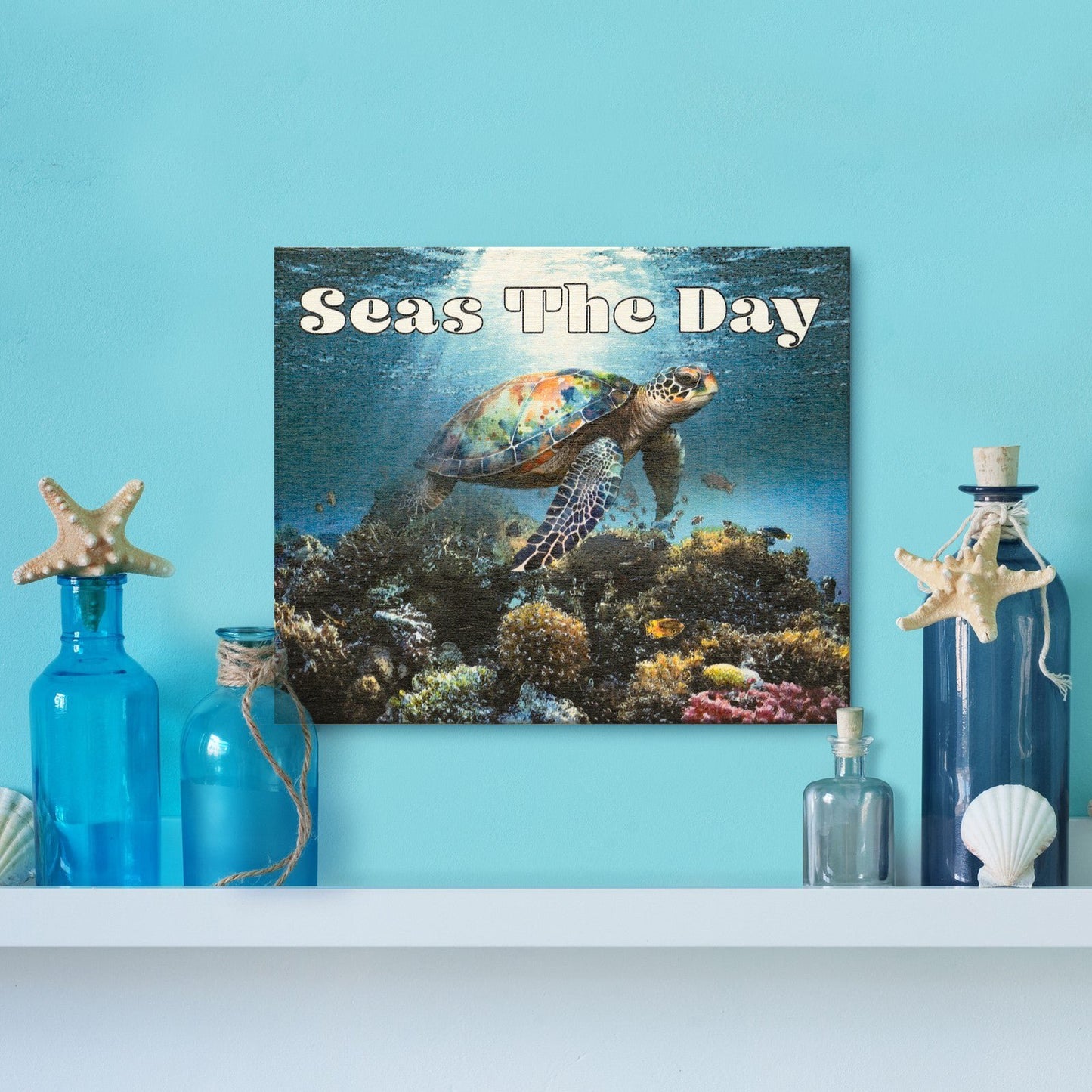 JennyGems Sea Turtle Decor, Seas the Day Wooden Sign, Ocean Theme Wall Art