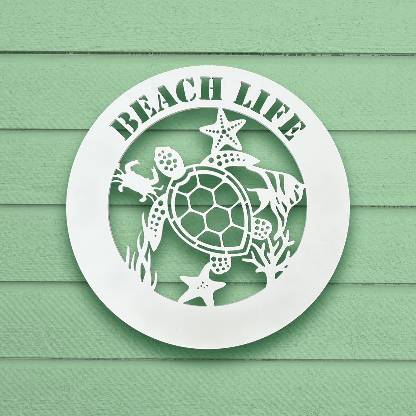 Outdoor Sea Turtle Sign with Starfish Crab Coral, Weatherproof PVC Coastal Wall Decor, Beach House Wall Art, 2 Foot