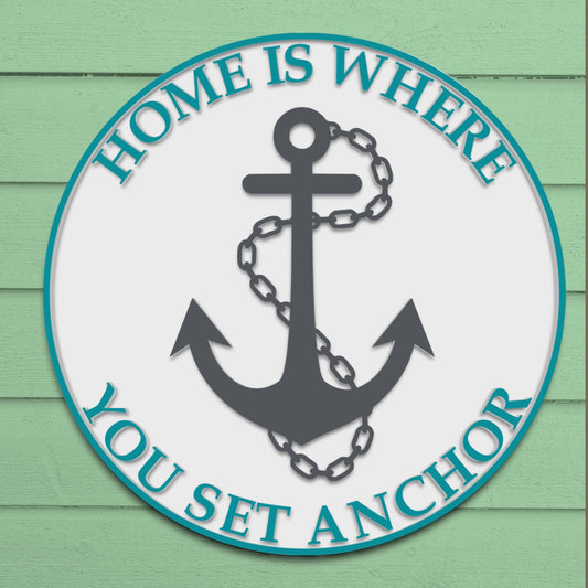 Outdoor Home Is Where You Set Anchor Beach Wall Decor – 36" Round Anchor Sign with Embossed Text and Nautical Design – PVC Coastal Wall Art for Beach House