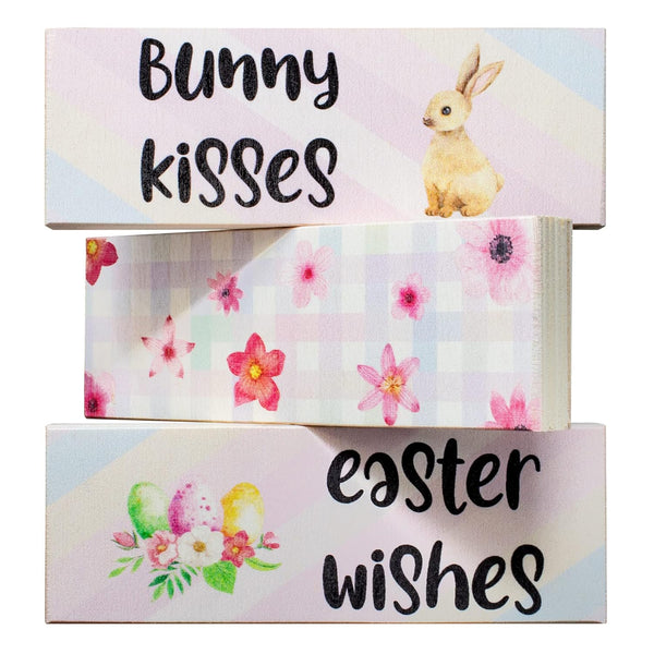 Easter Tiered Tray Decor, Bunny Kisses Easter Wishes 3 Piece Mini Wooden Block Set, Farmhouse Decorations