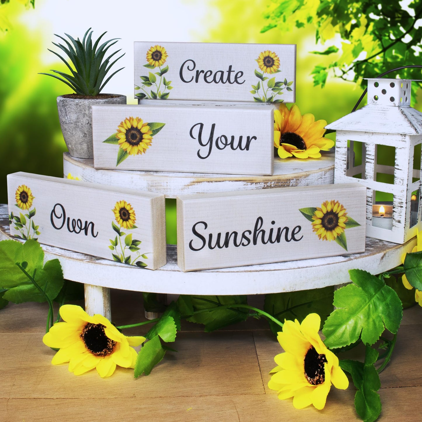Create Your Own Sunshine Wood Block Set 4pc, Sunflower Inspirational Farmhouse Tiered Tray Decor, Positive Affirmation Home Accents
